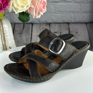 Born Brown Leather Wedge Sandals with Buckle Accent